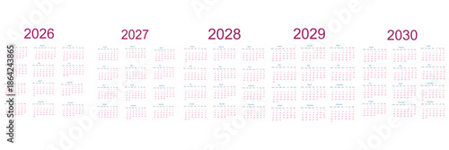 Set of vector calendars for 2026-2030. Includes 12-month sheets with weeks starting on Sunday. Perfect for desk calendar design, planning, and printable 