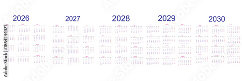 Set of vector calendars for 2026-2030. Includes 12-month sheets with weeks starting on Sunday. Perfect for desk calendar design, planning, and printable 