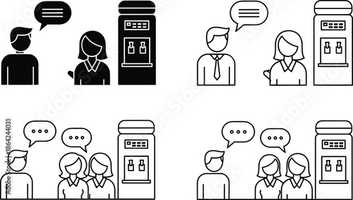 Office Water Cooler Conversation Icon Set, Black Silhouette and Outline People Talking, Workplace Communication Symbols, Business Break Room Vector Graphics