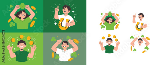 Happy people celebrating good luck and prosperity with Irish shamrocks and golden coins