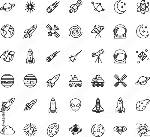 Black and white line of space-related symbols including planets, rockets, satellites, telescopes, and astronaut helmets also transparent background