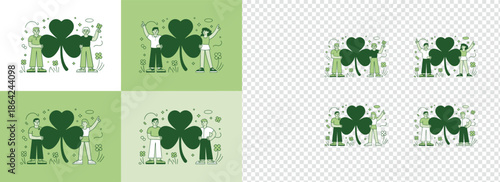 Line illustrations of diverse people interacting with large lucky green shamrocks and clovers