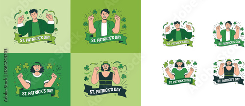 Joyful people celebrating St Patricks Day with fists raised, falling confetti, and green festive ribbons