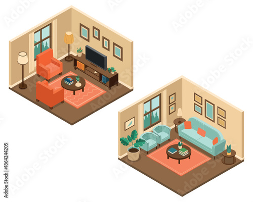 Two isometric living rooms are depicted, one with orange furniture and the other with blue.