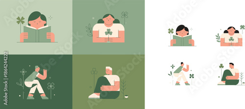 People engaging in quiet activities like reading and resting surrounded by green clovers and simple elements