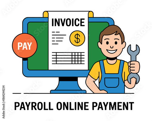 A smiling man in overalls holds a wrench next to a computer screen displaying an invoice for online payroll payment.