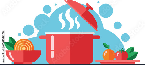 Flat vector illustration of a red steaming cooking pot with open lid, fresh onions in bowl, and tomatoes on plate