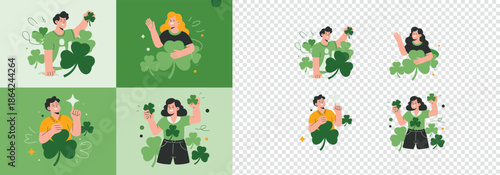 People holding lucky shamrock clovers in various poses for St Patricks Day celebrations