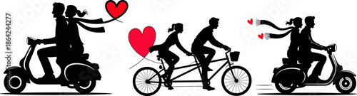 Couples on Scooter and Tandem Bicycle with Hearts love