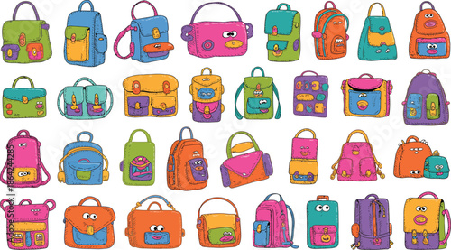 Large collection of colorful doodle style school bags backpacks and fashionable handbags in rows