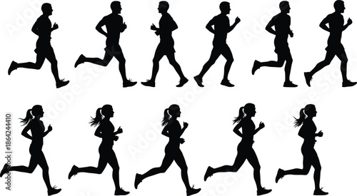 Black silhouettes of men and women running in different poses set isolated on white background, fitness and marathon jogging concept