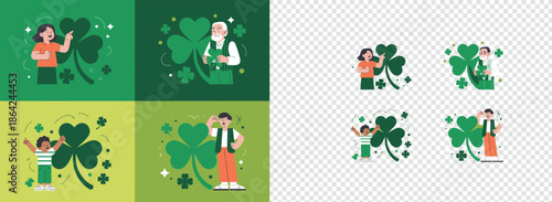Various people celebrating good luck with large green shamrocks and clovers