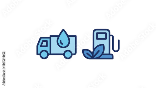 Biodiesel Fuel Pump with Eco-Friendly Truck in Simple Flat Design with Blue Color Scheme for Sustainable Energy