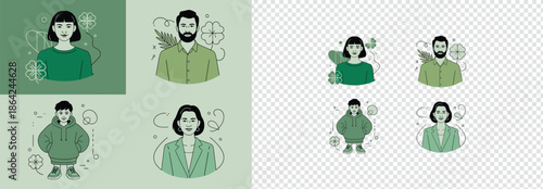 A collection of diverse cartoon avatars featuring individuals with Irish shamrock symbols and subtle background elements