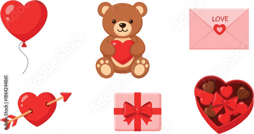 Romantic valentine day vector collection with cute cartoon teddy bear heart balloon envelope pierced heart arrow gift box and chocolate treats