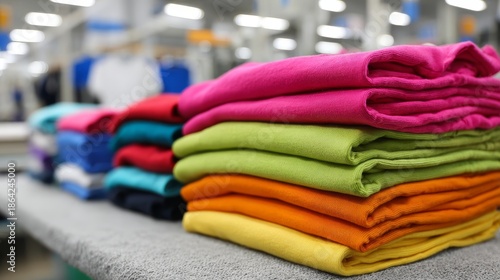Vibrant t-shirt production process factory textile manufacturing indoor close-up color variety