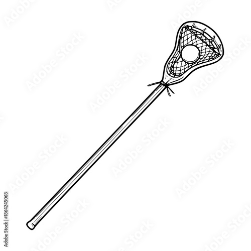 Illustration of a lacrosse stick with a ball in the net against a white background in black and white