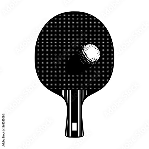 Illustration of a ping pong paddle with a ball in black and white halftone style on a white background