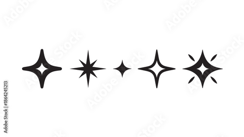 Black star icons in various styles on white background with simple minimalist design for graphic design