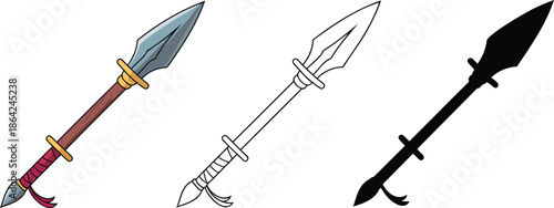 Spear silhouette & Outline and illustration set isolated on transparent background