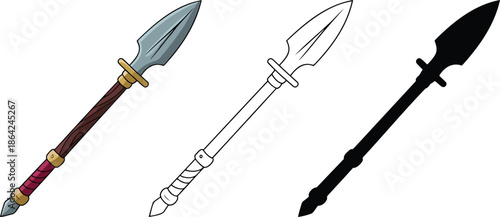 Spear silhouette & Outline and illustration set isolated on transparent background