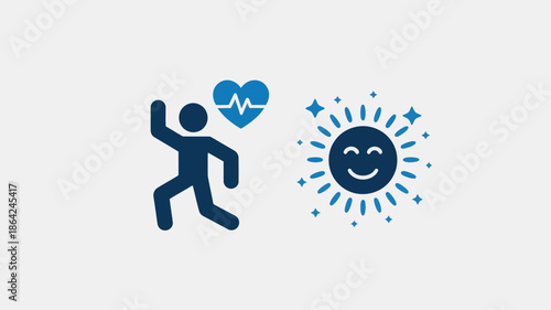 Fitness enthusiast running with heart rate monitor in bright sunny weather with vibrant blue icons for wellness