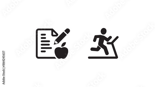Fitness and Education Icons in Simple Flat Design with Black Color on White Background for Health and Wellness Apps