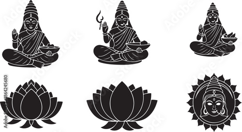 Saraswati Puja Black Silhouette Icon Set in Modern Minimalist Style for Branding Print Digital Creative Design Use