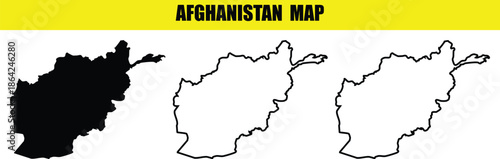 Outline and filled map of Afghanistan in black and white on yellow background