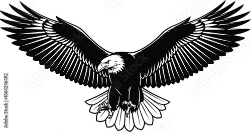 Black and white eagle illustration, majestic flying bird of prey with spread wings, strength freedom wildlife symbol, vector, graphic, design, art