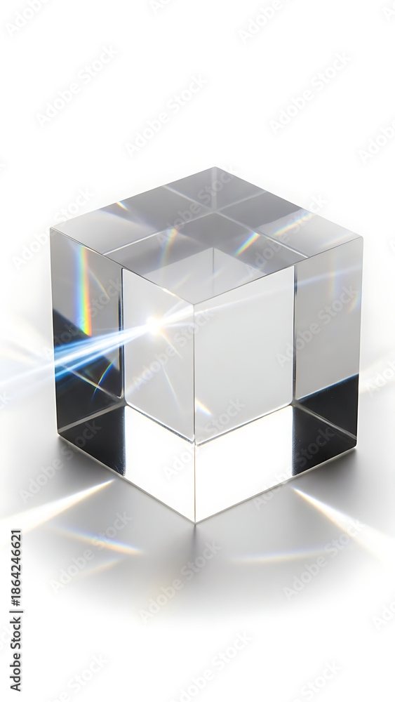 Fototapeta premium Abstract optical glass cube showcasing light refraction and reflection on a clean studio setting