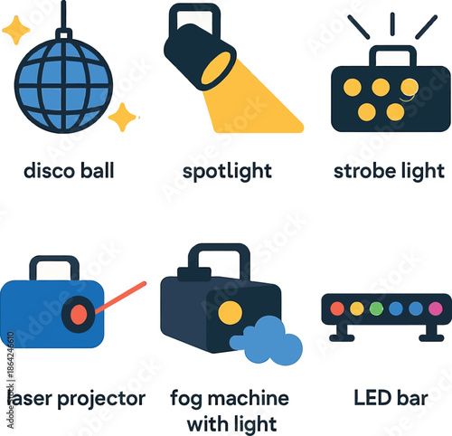 Stage Lighting and Event Production Icons with Disco Ball and Fog