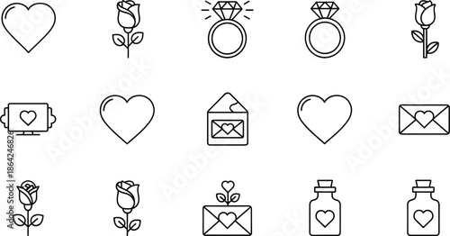 Collection of romantic line art icons including hearts, roses, rings, and love letters