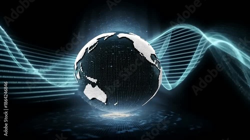 Digital globe with glowing wave patterns against a dark, futuristic background