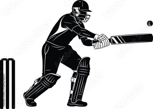 Black cricket batsman illustration, batting action silhouette isolated, sports player hitting ball, helmet pads bat, vector, graphic, design, game, match