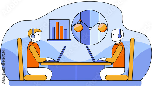 Two business professionals collaborating on laptops in modern office