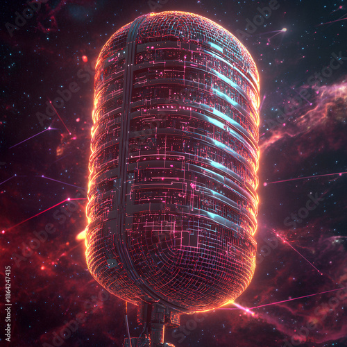 A futuristic neon microphone floating in deep space, glowing with electric blue, hot pink, and violet lines. Intricate digital circuit patterns spiral around the mic, radiating light. The background f