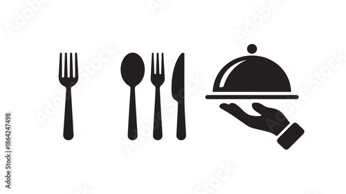 Restaurant Service Icons in Minimalist Style with Black Color on White Background for Web Design