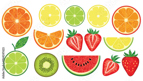 Vibrant collection of fresh citrus berries and exotic fruit slices