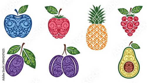 Vibrant patterned fruit collection featuring intricate decorative designs for crafting projects