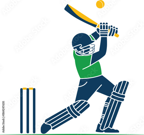 Cricket batsman illustration, dynamic batting action isolated, professional sports player hitting ball with bat, helmet pads, vector, graphic, design