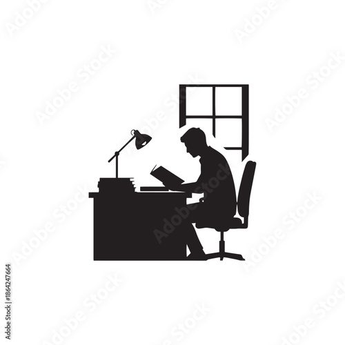 silhouette of person reading book at desk white background