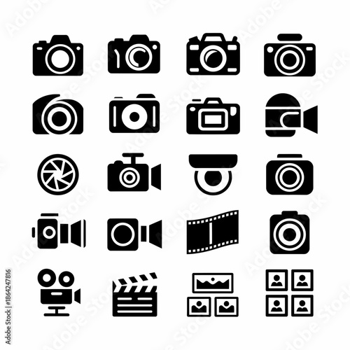 Collection of camera and film icons isolated on white background, Vector, illustration