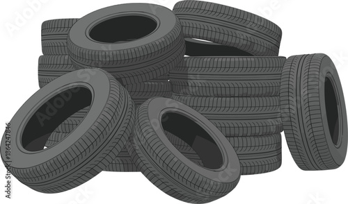 Large pile of black rubber car tires stacked in a junkyard, automotive recycling and garage vector