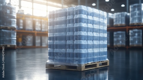 Palletized shipment of sealed medical coolers stacked and prepared for transport in a brightly lit warehouse storage facility