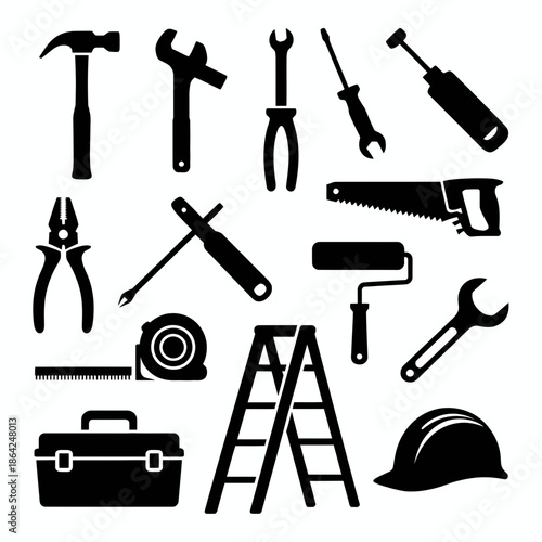 Collection of essential tools for diy projects isolated on white background, Vector, illustration