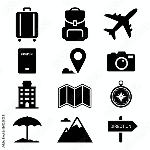 Travel essentials icon set isolated on white background, Vector, illustration