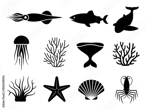 Marine life silhouettes isolated on white background, Vector, illustration