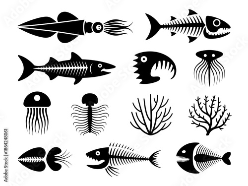 Collection of marine life silhouettes isolated on white background, Vector, illustration