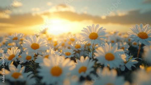 Daisy Field at Sunset: A field of daisies blossoms under the golden rays of a setting sun, creating a serene and idyllic scene of natural beauty and tranquility. 